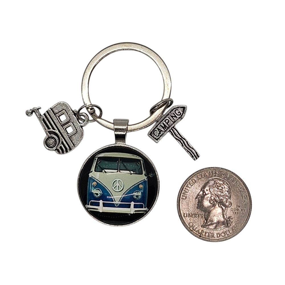 Keychain Retro Van Blue Volkswagen Bus Peace Sign - Picture 4 of 8